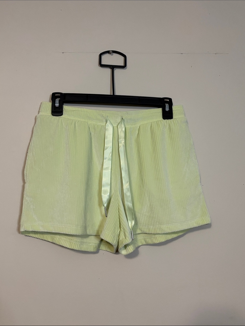 Light green Yellow Ribbed Lounge Shorts with Satin Drawstring and pockets